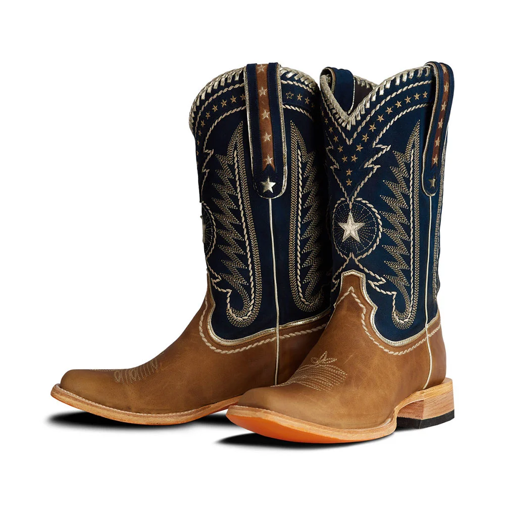 Brown & Navy Square Toe Stars Embroidered Cowgirl Mid-Calf Boots