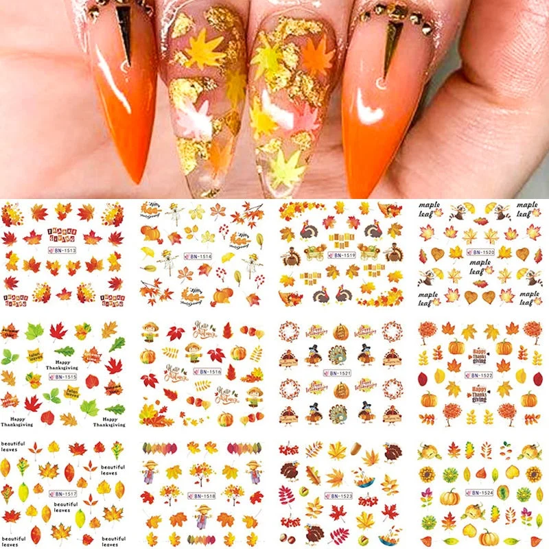 12 Designs Nail Stickers Set Mixed Floral Geometric Nail Art Water Transfer Decals Sliders Flower Leaves Manicures Decoration-Nail Inspo