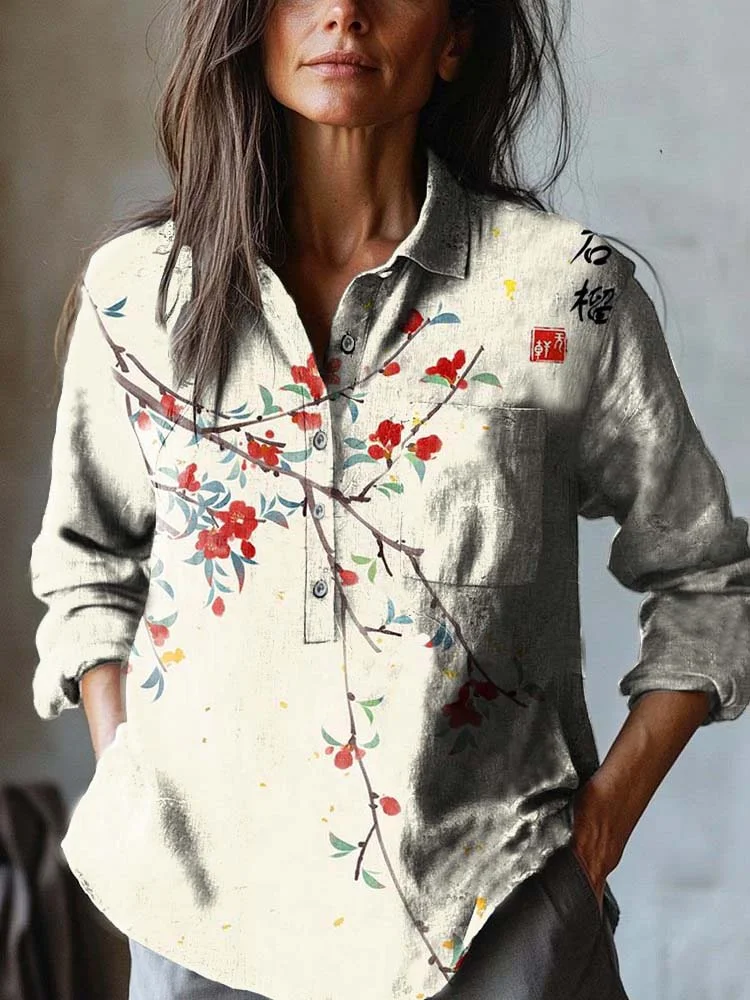 Women's Japanese Floral Print Casual Cotton and Linen Shirt