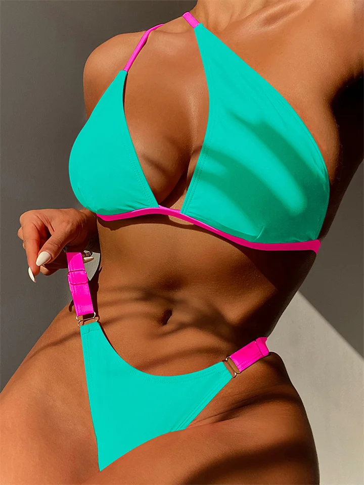 New Bikini One Shoulder Solid Color Swimsuit Sexy Fashion Ladies Split Swimsuit Green Blue Pink-Hoverseek