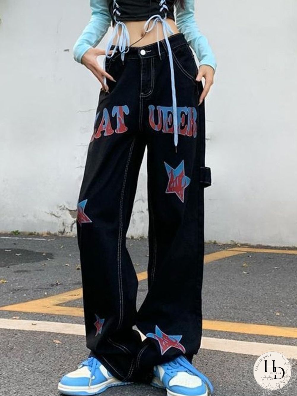 Hip Hop Loose American Star Print Distressed Cargo Jeans