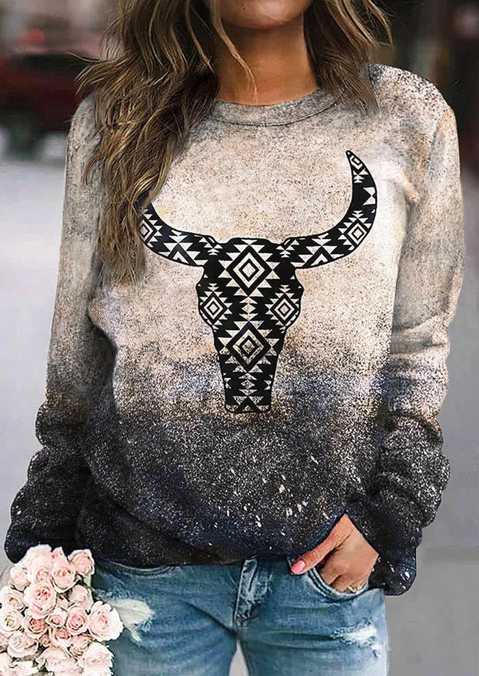 Aztec Geometric Steer Skull Gradient Pullover Sweatshirt - Black socialshop