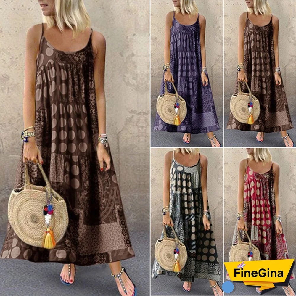 Women Summer Sleeveless Printed Off Shoulder Loose Casual Plus Size Big Swing Beach Sling Dress