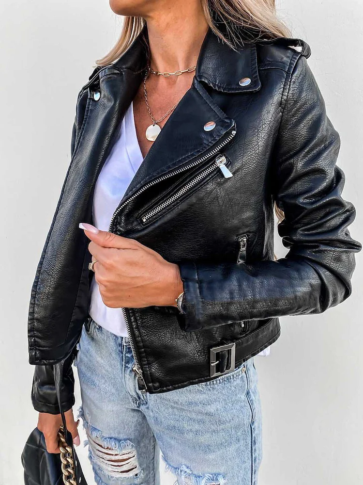 Women's Motorcycle Style PU Zipper Up Jacket Slim Fit Jacket