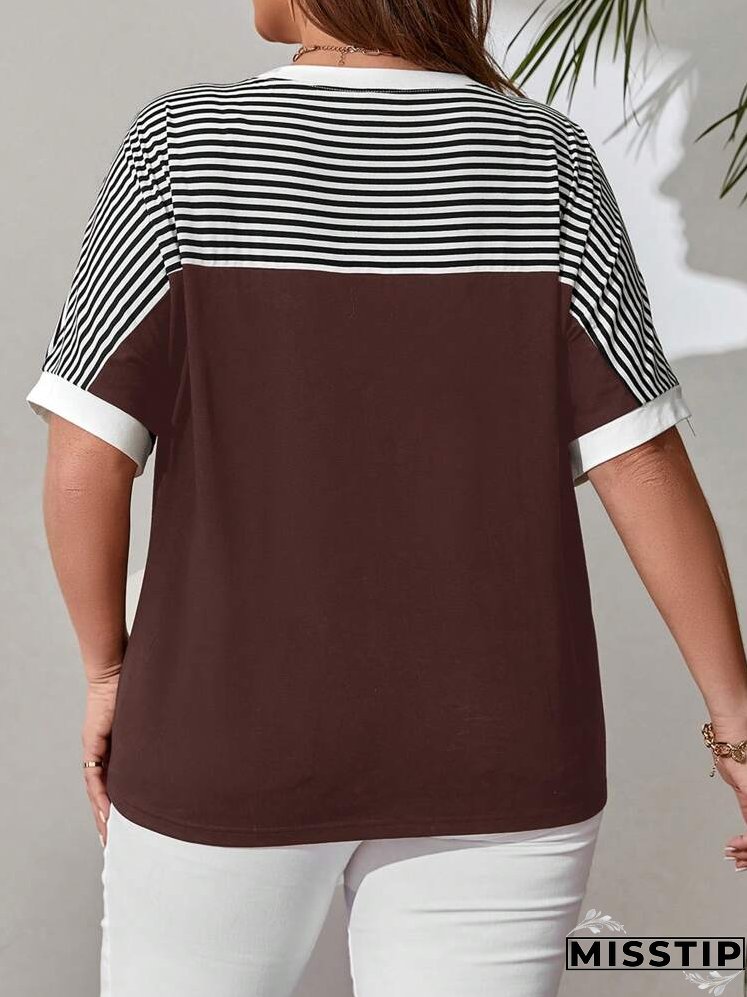 Plus Size Women's Striped Pattern Batwing Sleeve T-Shirt For Spring