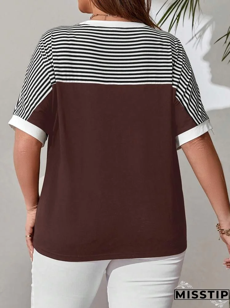 Plus Size Women's Striped Pattern Batwing Sleeve T-Shirt For Spring
