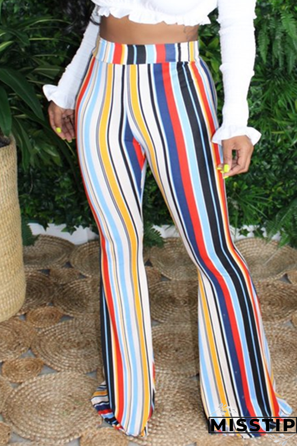 Pink White Blue Pink Yellow Olive green Color blue Elastic Fly High Striped Loose Pants Bottoms