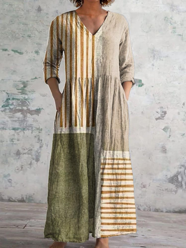 Womens Vintage Art Line Color Block Pattern Cotton And Linen Dress
