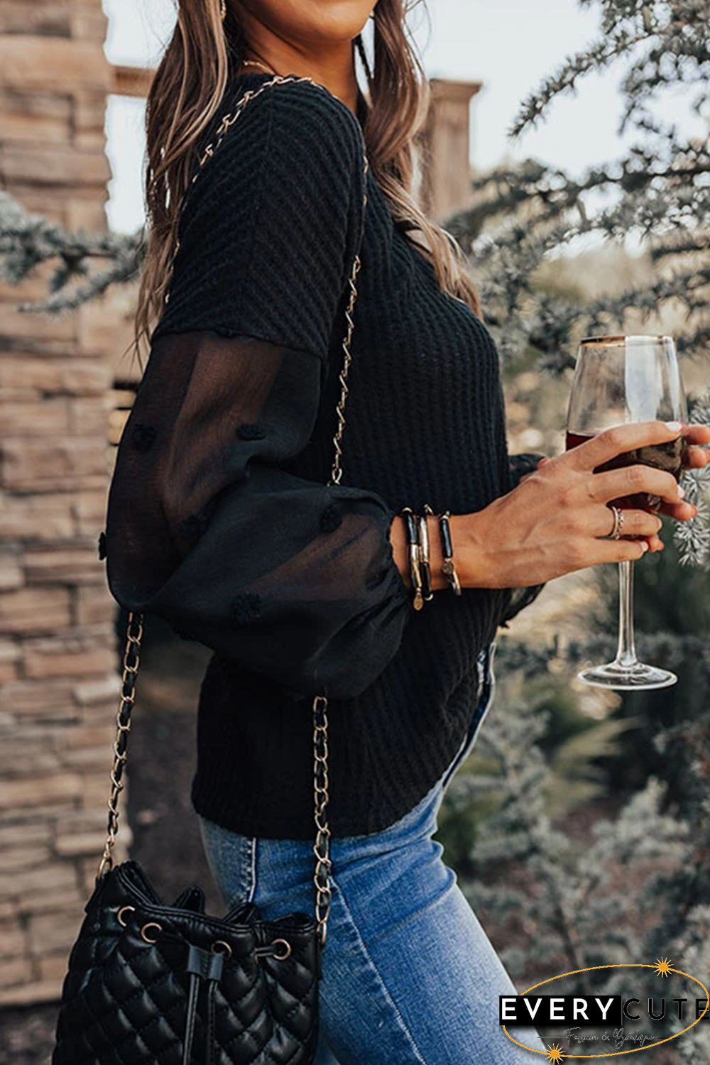 Polka Dot Mesh Sleeve Waffle Knit Top