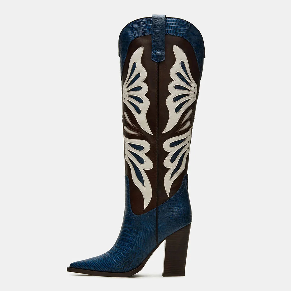 Blue Chunky Heel Butterfly Inlay Pointed Toe Western Boots for Women