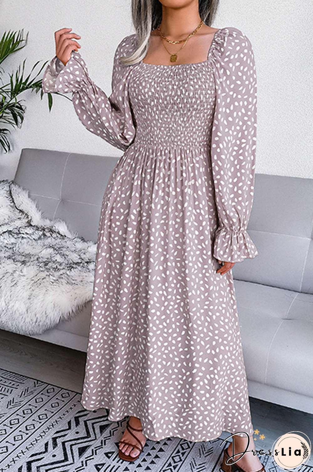 Elegant Print Flounce Fold Square Collar Dresses