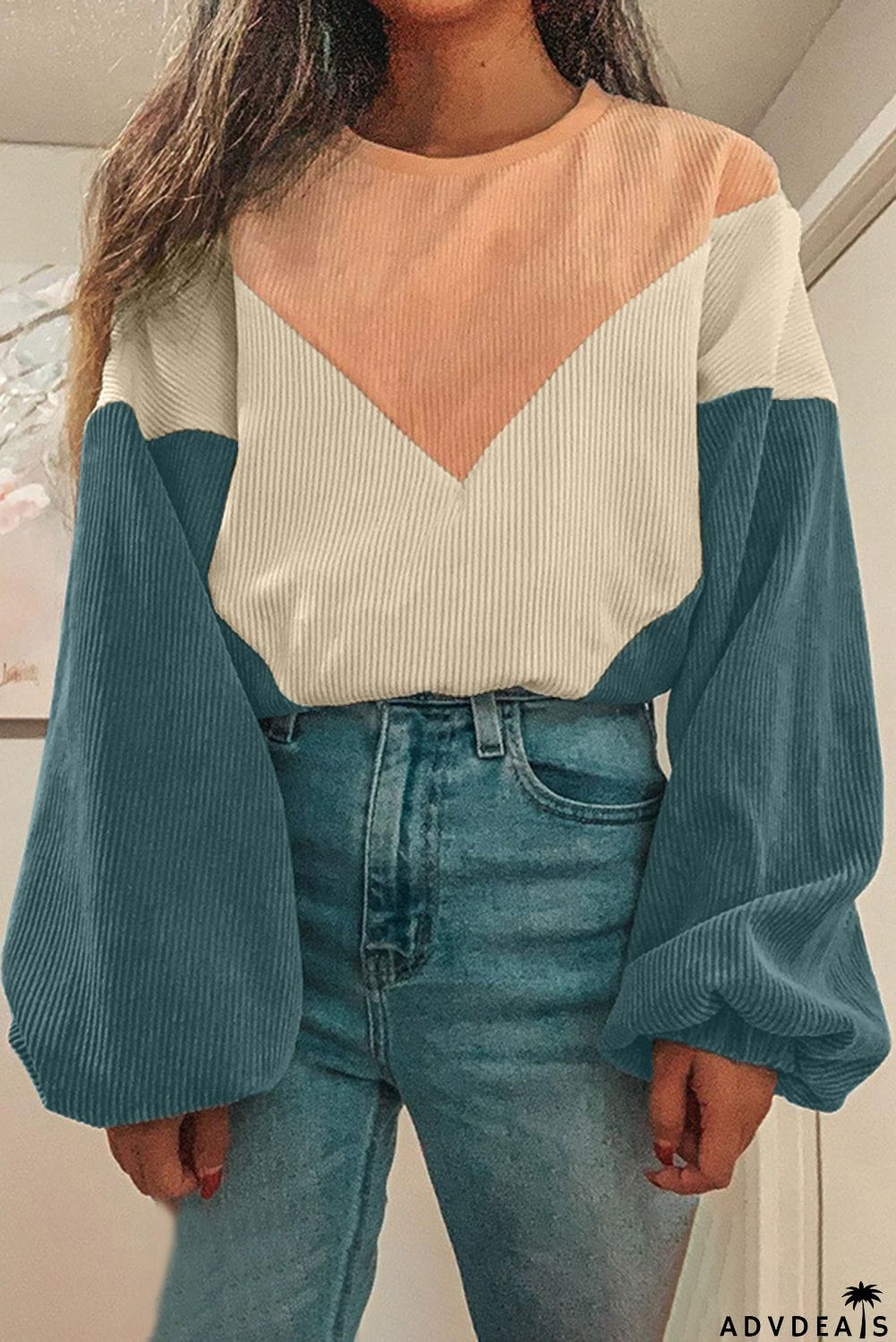 Colorblock Balloon Sleeve Corduroy Sweatshirt