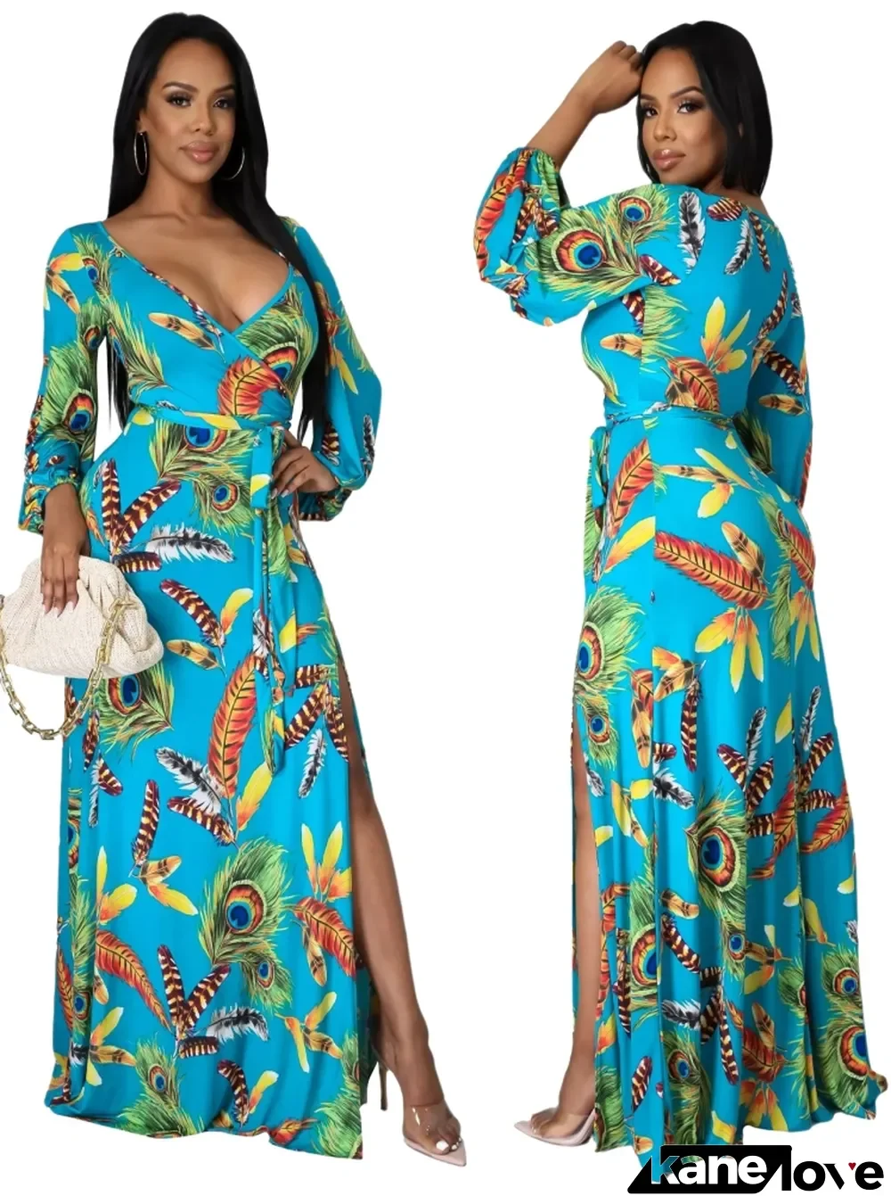 Autumn Print Elegant Long Sleeve Wrap Long Maxi Dress with Matching Belt