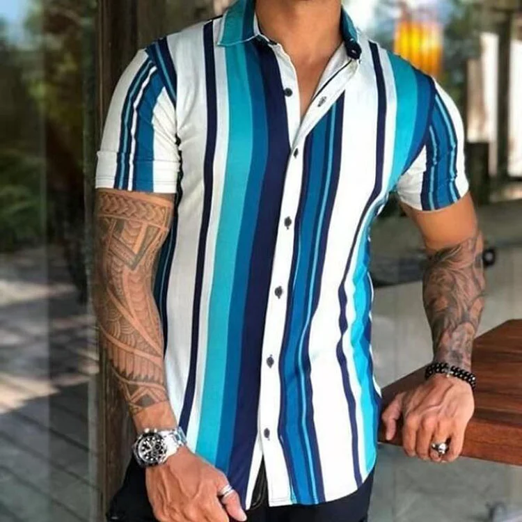 Black/Blue Stripe Print Summer Casual Short-Sleeved Men's Shirts at Hiphopee