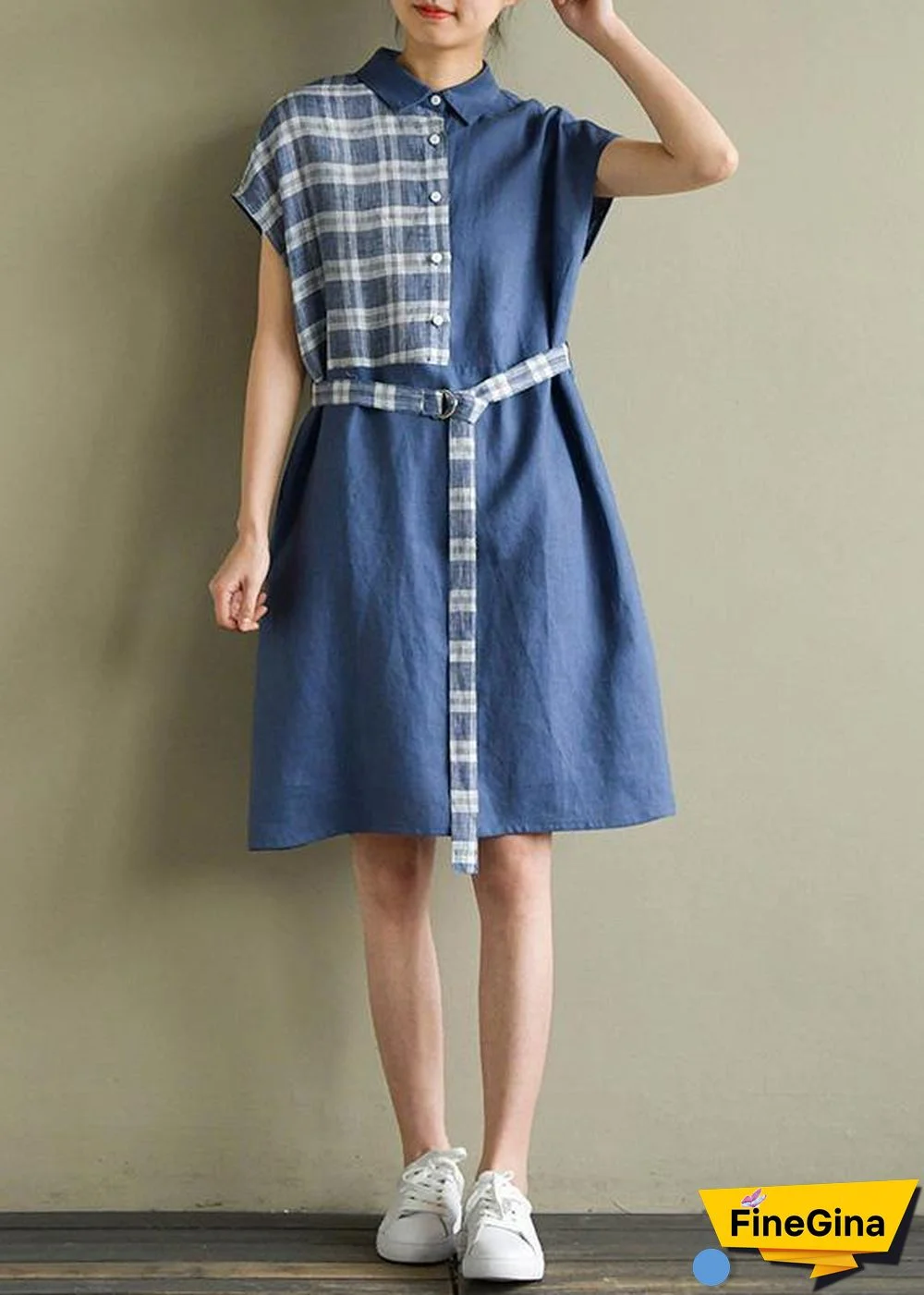 Beautiful lapel tie waist linen dresses Cotton blue Plaid Dress summer