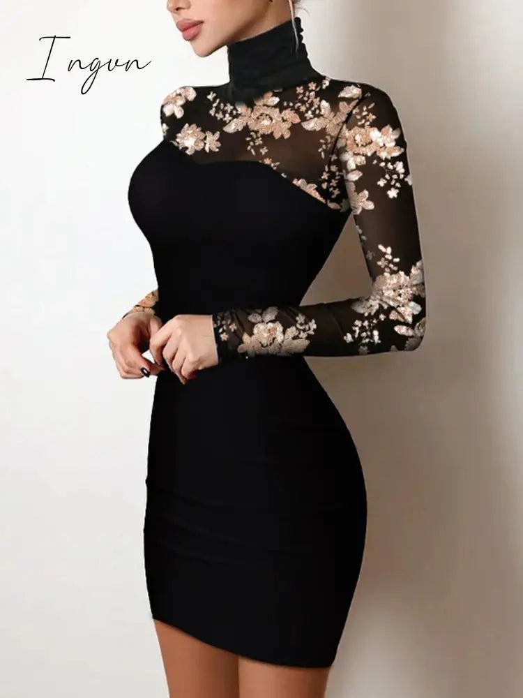 Ingvn - Y2K Sexy Floral Print Contrast Mesh Bodycon Dress Geometric Night Out Vestidos Mini Casual