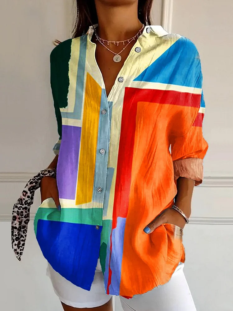 Women's  Minimalism Abstract Geometry Retro  Art  Print Casual Cotton Shirt