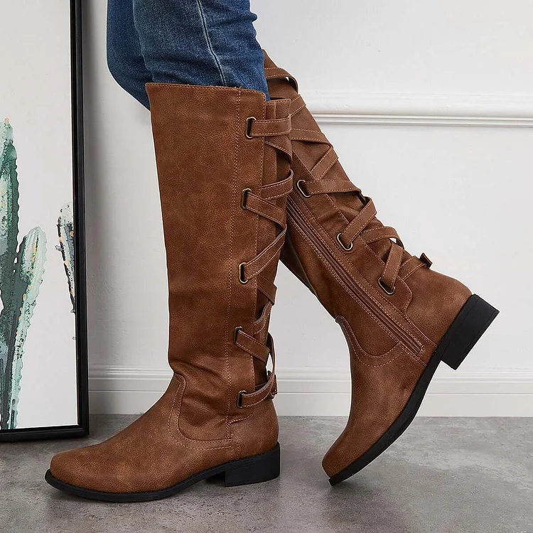 Wide Calf Western Riding Boots Round Toe Knee High Boots