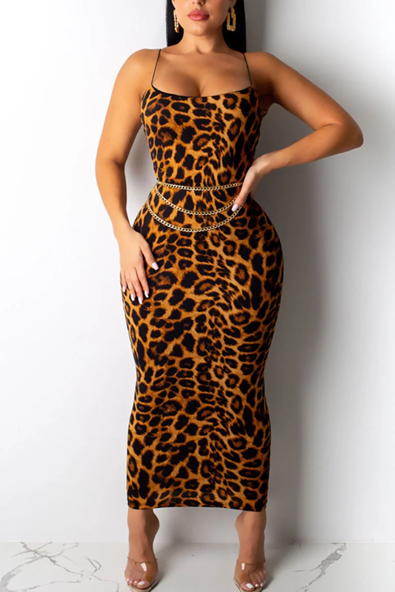 Brown Sexy Print Leopard Patchwork Spaghetti Strap One Step Skirt Dresses(Without Belt) | EGEMISS