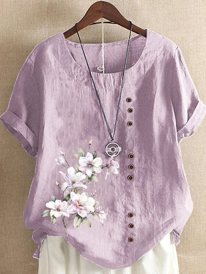 Women's Cotton Linen Button Casual Printed Shirt