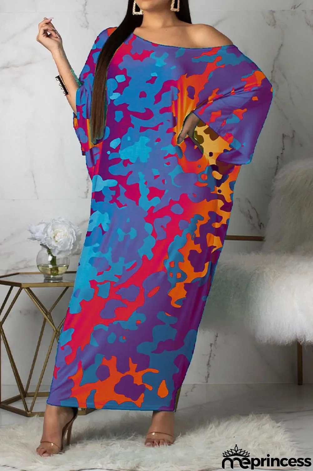 Green Casual One Shoulder Long Sleeves Step Skirt Ankle-Length camouflage Dresses