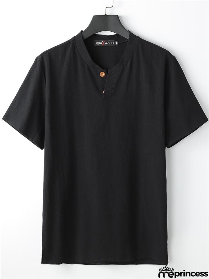 Solid Color Lightweight 2-Piece Outfit Button T-Shirt + Drawstring Waistband Cropped Pants