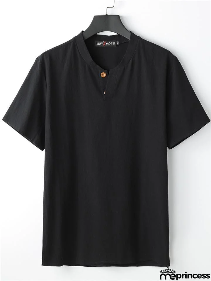 Solid Color Lightweight 2-Piece Outfit Button T-Shirt + Drawstring Waistband Cropped Pants