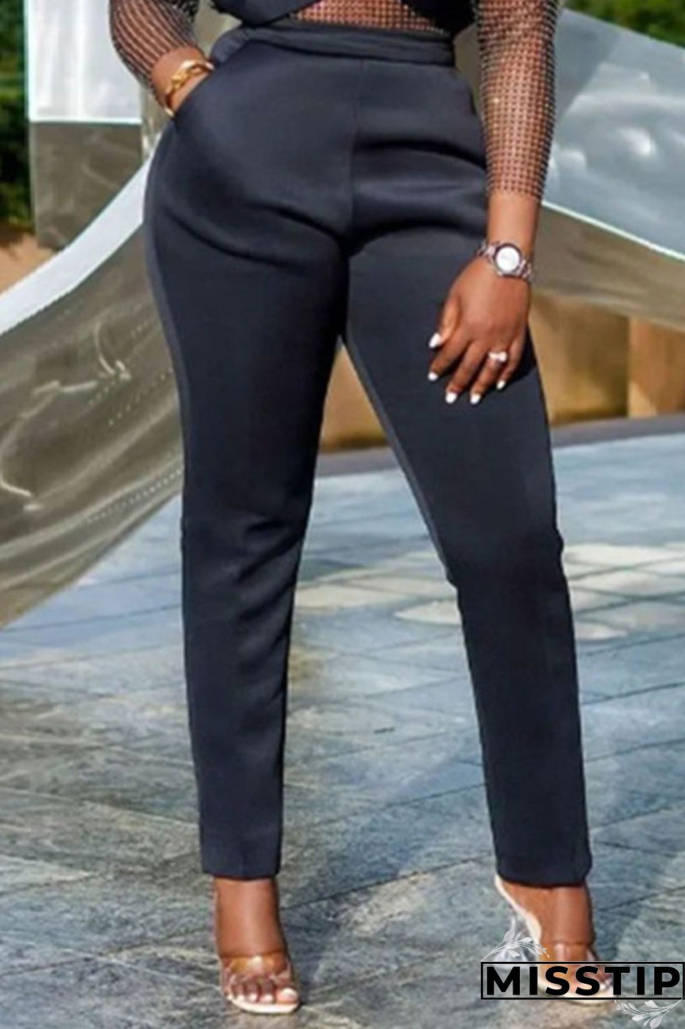 Black Casual Solid Patchwork Straight High Waist Solid Color Bottoms