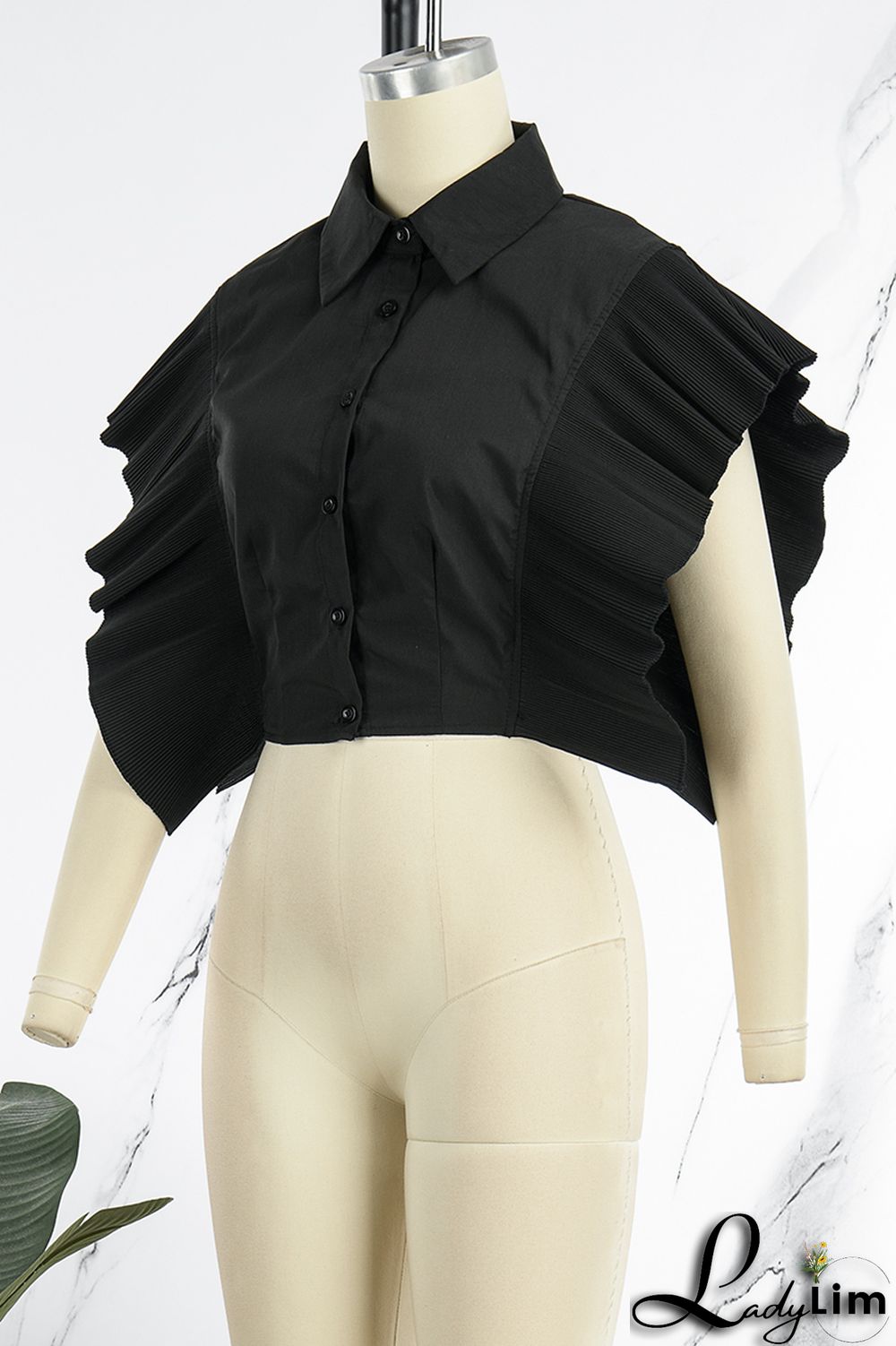 Rose Red Casual Solid Patchwork Buckle Flounce Turndown Collar Tops