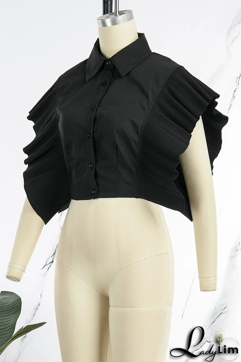 Rose Red Casual Solid Patchwork Buckle Flounce Turndown Collar Tops