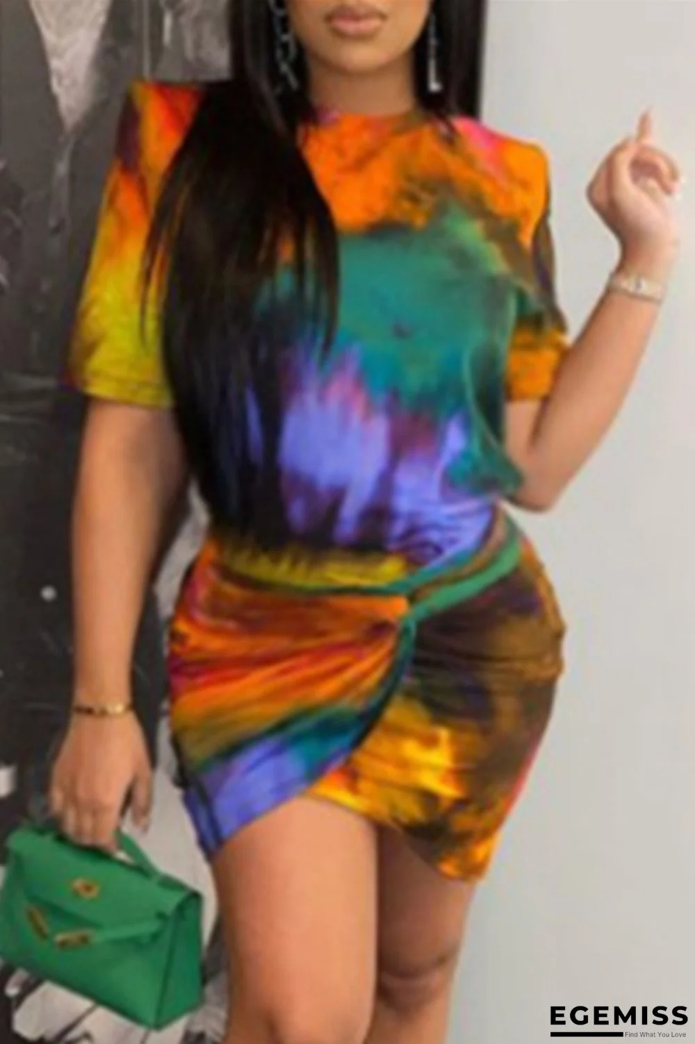 Orange Fashion Casual Print Tie-dye O Neck Short Sleeve Dress | EGEMISS