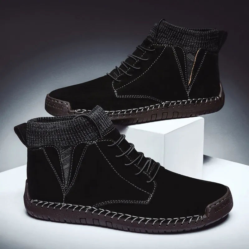 Nine o'clock 2020 Quality Winter Men's Leather Boots Outdoor Comfortable Elastic Sock Male Shoes Casual High-Top Lace-up Boots