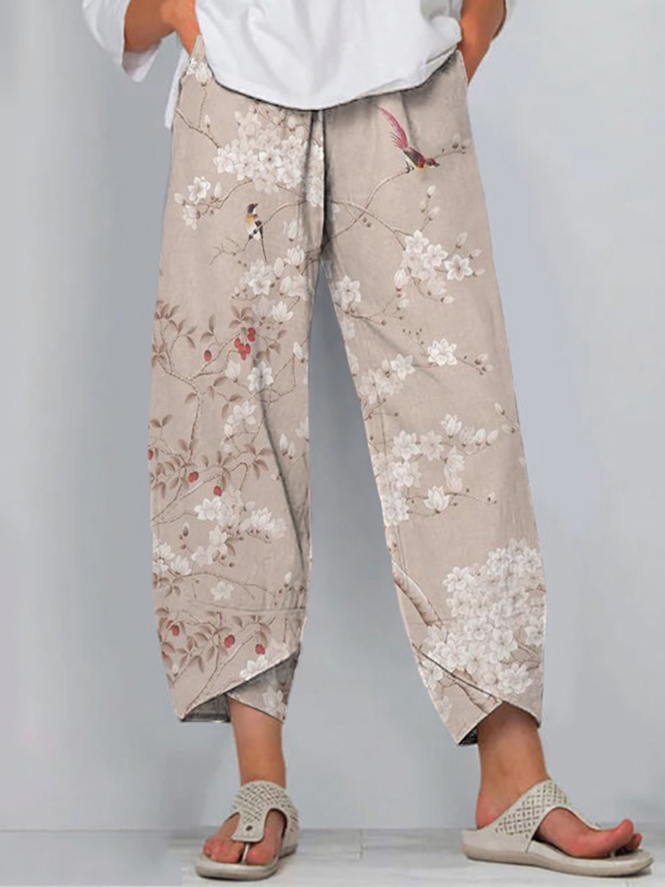 Comstylish Retro Floral And Bird Print Loose Casual Pants