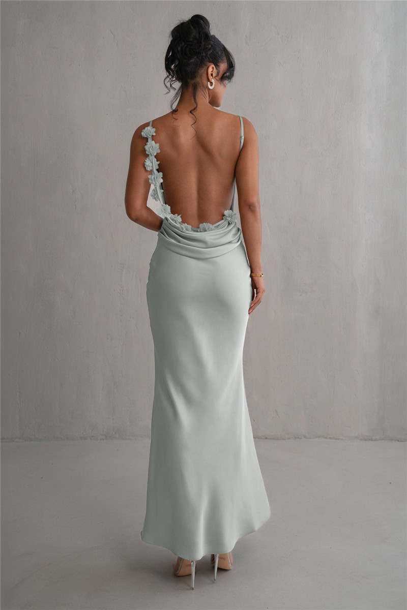 Ootddress Floral Draped Backless Maxi Long Dress For Women Fashion Spaghetti Strap Sleeveless Bodycon Evening Party Dress Elegant