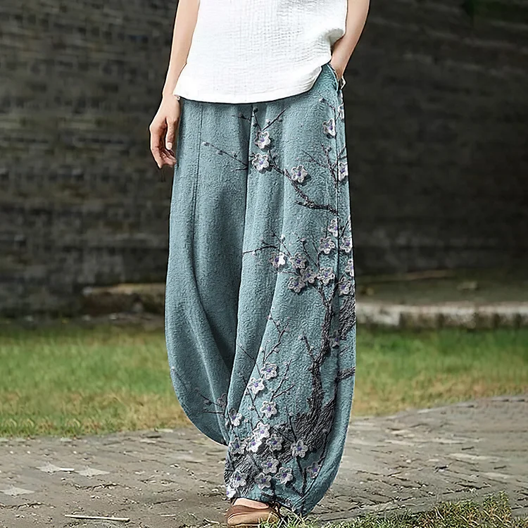 Women's Japanese Art Blossom Pocket Loose Casual Pants