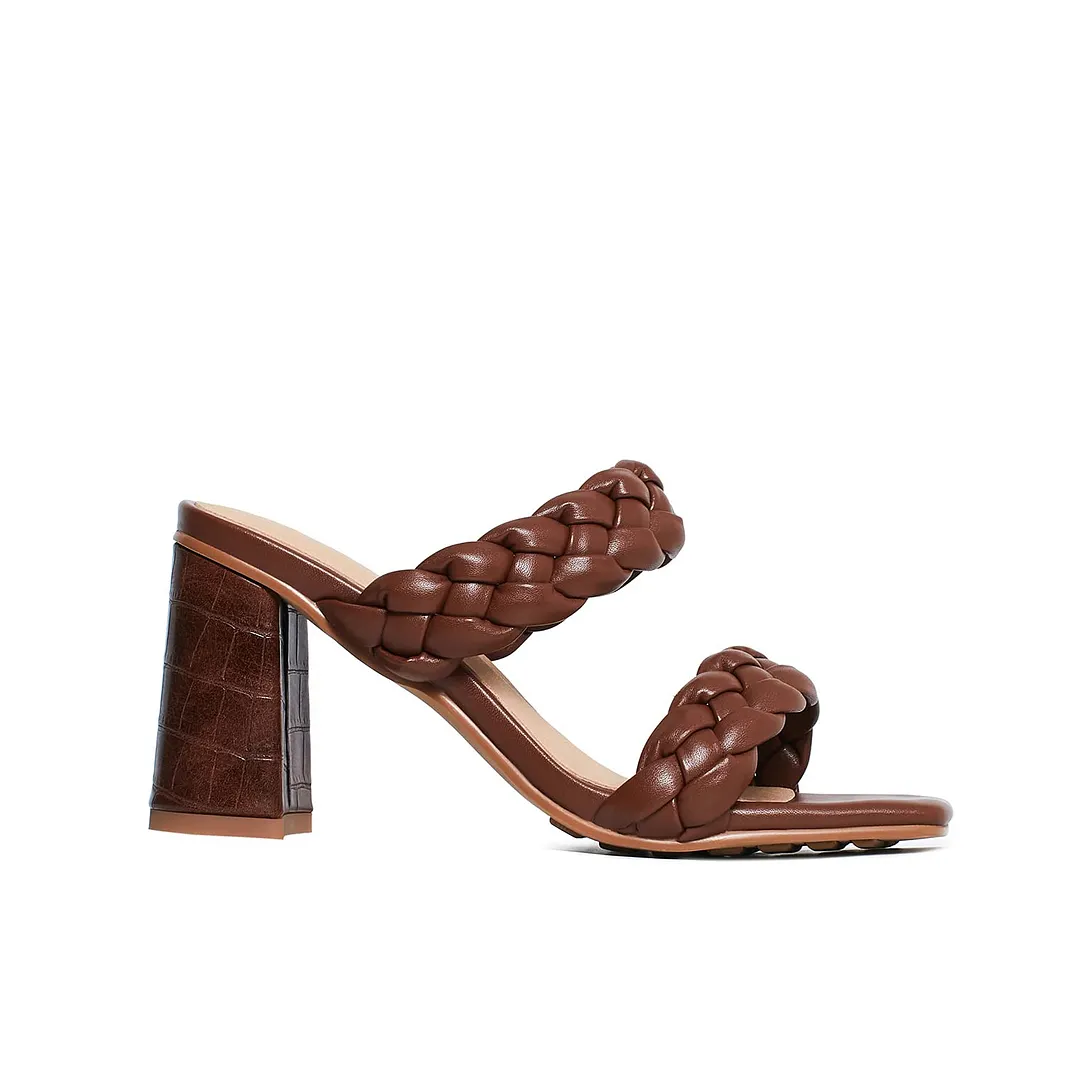 80mm Women's Braided  Square Open Toe Backless Block Double Straps Sandals-vocosishoes