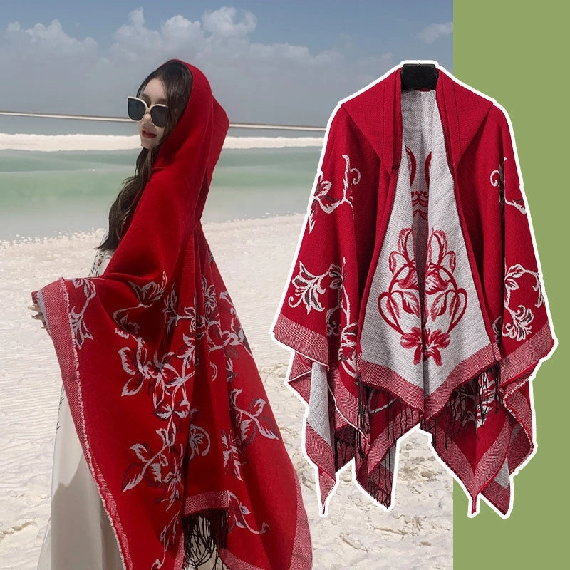 Ethnic Style Hooded Cape Women’s Yunnan Tibet Western Sichuan Grassland Bohemia Travel Wear Scarf Coat
