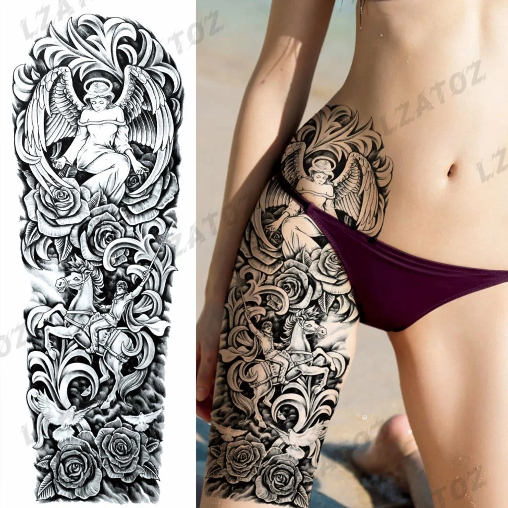 Sdrawing Sleeve Temporary Tattoos For Men Women Realistic Pirate Ship Wolf Tiger Skull Rose Flower Fake Tattoo Sticker Arm Tatoos