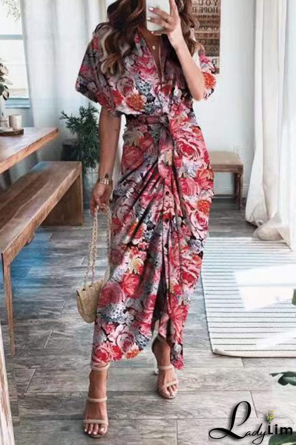 Red Fashion Print Split Joint V Neck Straight Dresses