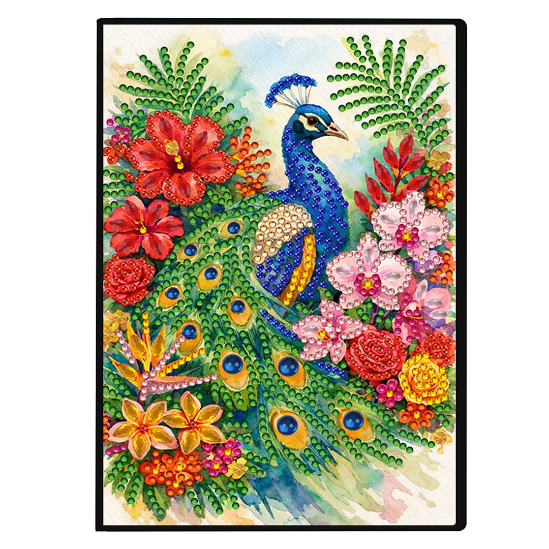 DIY Flower Diamond Painting Journals Notebooks 50 Pages A5 No Lines Special Shaped Diamond Art Kits for Beginners Craft Lovers and Artists (Peacock and Flowers)