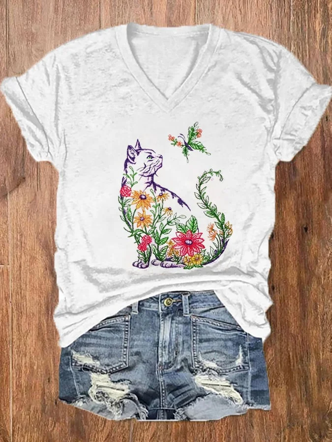 Women's Flower Cats and Butterflies Embroidery Casual V-Neck Tee