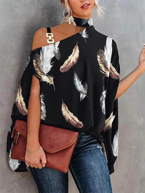 Asymmetric Chains Leaves Print Batwing Sleeves Loose Asymmetric Collar T-Shirts Tops