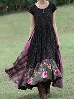 Women's Vintage Pink Rose And Plaid Patchwork Short-sleeved Dress