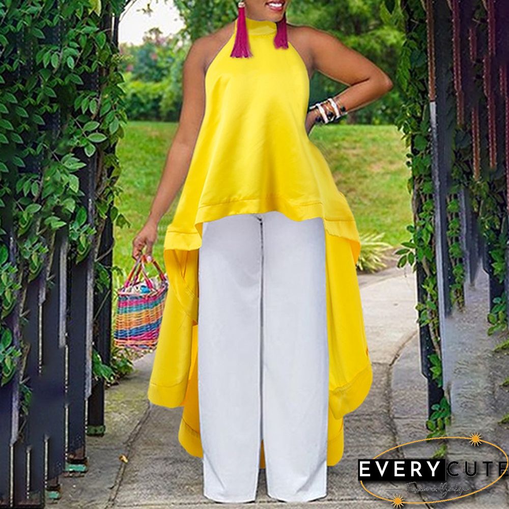 Summer Women Halter Neck Tank Tops Long Dress Sleeveless Backless Casual Loose High Low Blouse Shirt Plus Size