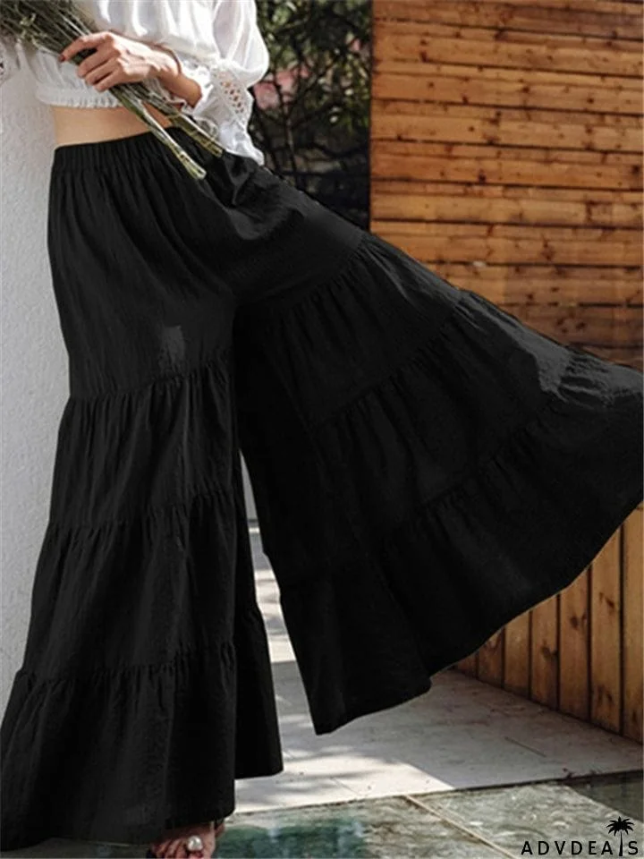 Casual Style Elastic Waistband Pleated Detailing Wide-Leg Full-Length Culottes