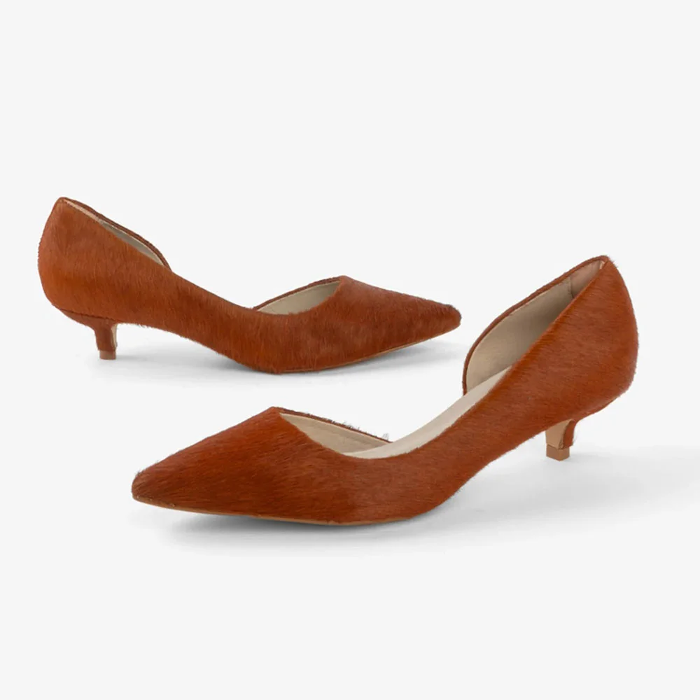 Women's Brown Pointed Toe Slip On Kitten Heel Pumps with Cut Out