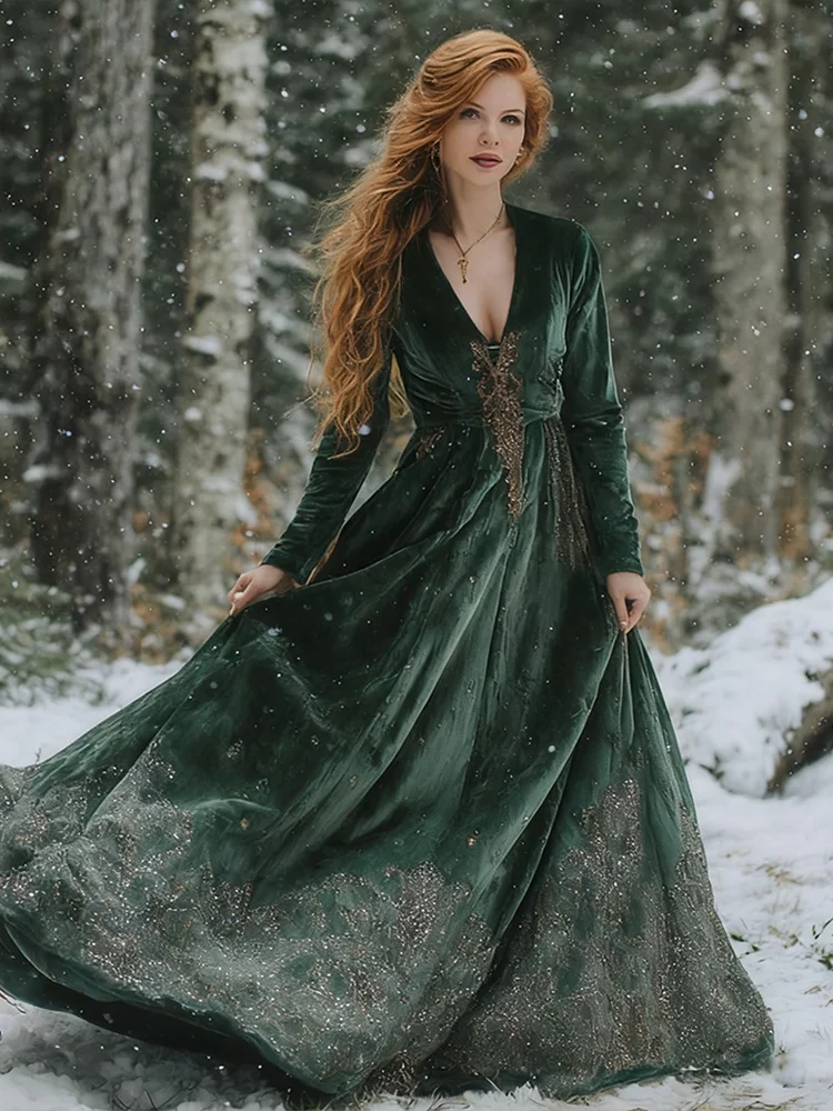 Women's Christmas V-neck Velvet Long Dress