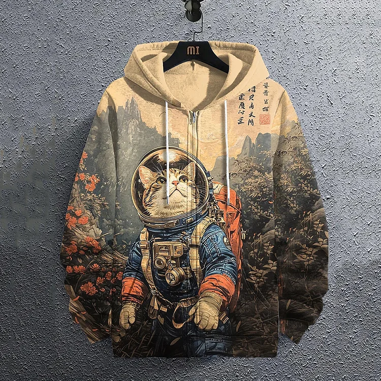 Men's Japanese Astronaut Cat Adventure Casual Hooded Coat