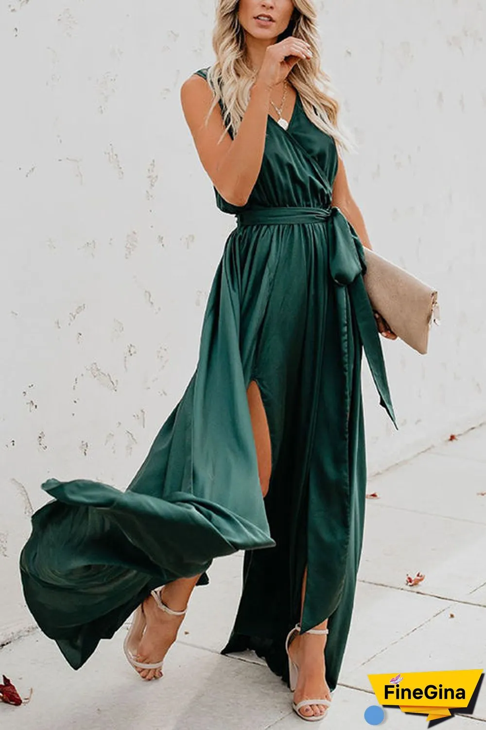 V Neck Sleeveless Slit Wrap Maxi Dress