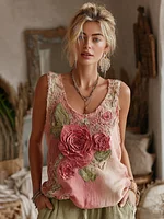Women's Vintage Floral Art Linen Crew Neck Sleeveless Top